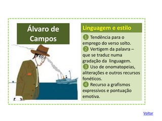 Álvaro de
Campos ❶ Tendência para o
emprego do verso solto.
❷ Vertigem da palavra –
que se traduz numa
gradação da linguagem.
❸ Uso de onomatopeias,
aliterações e outros recursos
fonéticos.
❹ Recurso a grafismos
expressivos e pontuação
emotiva.
Linguagem e estilo
Voltar
 