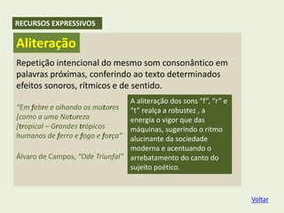 RECURSOS EXPRESSIVOS
Repetição intencional do mesmo som consonântico em
palavras próximas, conferindo ao texto determinados
efeitos sonoros, rítmicos e de sentido.
“Em febre e olhando os motores
[como a uma Natureza
[tropical – Grandes trópicos
humanos de ferro e fogo e força”
Álvaro de Campos, “Ode Triunfal”
A aliteração dos sons “f”, “r” e
“t” realça a robustez , a
energia o vigor que das
máquinas, sugerindo o ritmo
alucinante da sociedade
moderna e acentuando o
arrebatamento do canto do
sujeito poético.
Aliteração
Voltar
 