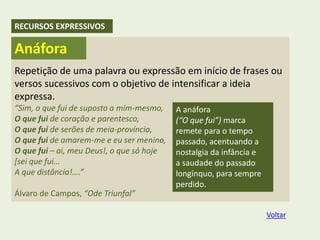 Repetição de uma palavra ou expressão em início de frases ou
versos sucessivos com o objetivo de intensificar a ideia
expressa.
“Sim, o que fui de suposto a mim-mesmo,
O que fui de coração e parentesco,
O que fui de serões de meia-província,
O que fui de amarem-me e eu ser menino,
O que fui – ai, meu Deus!, o que só hoje
[sei que fui…
A que distância!….”
Álvaro de Campos, “Ode Triunfal”
A anáfora
(“O que fui”) marca
remete para o tempo
passado, acentuando a
nostalgia da infância e
a saudade do passado
longínquo, para sempre
perdido.
Anáfora
RECURSOS EXPRESSIVOS
Voltar
 