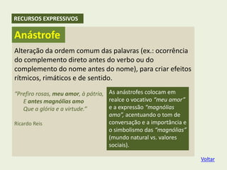 Alteração da ordem comum das palavras (ex.: ocorrência
do complemento direto antes do verbo ou do
complemento do nome antes do nome), para criar efeitos
rítmicos, rimáticos e de sentido.
“Prefiro rosas, meu amor, à pátria,
E antes magnólias amo
Que a glória e a virtude.”
Ricardo Reis
As anástrofes colocam em
realce o vocativo “meu amor”
e a expressão “magnólias
amo”, acentuando o tom de
conversação e a importância e
o simbolismo das “magnólias”
(mundo natural vs. valores
sociais).
Anástrofe
RECURSOS EXPRESSIVOS
Voltar
 