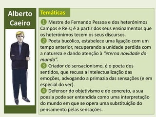 Alberto
Caeiro ❶ Mestre de Fernando Pessoa e dos heterónimos
Campos e Reis; é a partir dos seus ensinamentos que
os heterónimos tecem os seus discursos.
❷ Poeta bucólico, estabelece uma ligação com um
tempo anterior, recuperando a unidade perdida com
a natureza e dando atenção à “eterna novidade do
mundo”.
❸ Criador do sensacionismo, é o poeta dos
sentidos, que recusa a intelectualização das
emoções, advogando a primazia das sensações (e em
especial do ver).
❹ Defensor do objetivismo e do concreto, a sua
poesia pode ser entendida como uma interpretação
do mundo em que se opera uma substituição do
pensamento pelas sensações.
Temáticas
 