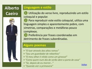 • “O luar através dos altos ramos”
• “Sou um guardador de rebanhos”
• “O meu olhar é nítido como um girassol”
• “Como quem num dia de verão abre a porta de casa”
• “Se, depois de eu morrer…”
• “Quando vier a primavera”
Alberto
Caeiro ❶ Utilização do verso livre, reproduzindo um estilo
coloquial e popular.
❷ Para reproduzir este estilo coloquial, utiliza uma
linguagem simples e aparentemente pobre, com
simetrias, comparações e metáforas pouco
complexas.
❸ Preferência por frases coordenadas em
detrimento de frases subordinadas.
Linguagem e estilo
Alguns poemas
Voltar
 