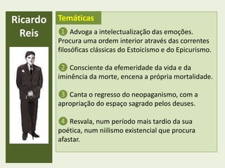 Ricardo
Reis ❶ Advoga a intelectualização das emoções.
Procura uma ordem interior através das correntes
filosóficas clássicas do Estoicismo e do Epicurismo.
❷ Consciente da efemeridade da vida e da
iminência da morte, encena a própria mortalidade.
❸ Canta o regresso do neopaganismo, com a
apropriação do espaço sagrado pelos deuses.
❹ Resvala, num período mais tardio da sua
poética, num niilismo existencial que procura
afastar.
Temáticas
 