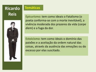 Ricardo
Reis
Temáticas
Epicurismo: tem como ideais o Fatalismo (o
poeta conforma-se com a morte inevitável), a
vivência moderada dos prazeres da vida (carpe
diem) e a fuga da dor.
Estoicismo: tem como ideais o domínio das
paixões e a aceitação da ordem natural das
coisas, através da ausência das emoções ou do
excesso por elas suscitado.
 