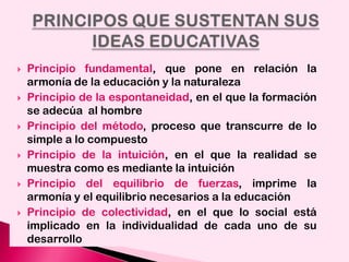 











Principio fundamental, que pone en relación la
armonía de la educación y la naturaleza
Principio de la espontaneidad, en el que la formación
se adecúa al hombre
Principio del método, proceso que transcurre de lo
simple a lo compuesto
Principio de la intuición, en el que la realidad se
muestra como es mediante la intuición
Principio del equilibrio de fuerzas, imprime la
armonía y el equilibrio necesarios a la educación
Principio de colectividad, en el que lo social está
implicado en la individualidad de cada uno de su
desarrollo

 
