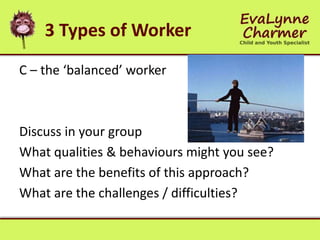 3 Types of Worker
C – the ‘balanced’ worker
Discuss in your group
What qualities & behaviours might you see?
What are the benefits of this approach?
What are the challenges / difficulties?
 