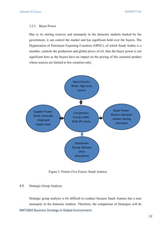 Ahmed Al Zayer                                                                 0050073746



      3.2.5   Buyer Power

      Due to its stirring reserves and monopoly in the domestic markets backed by the
      government, it can control the market and has significant hold over the buyers. The
      Organization of Petroleum Exporting Countries (OPEC), of which Saudi Arabia is a
      member, controls the production and global prices of oil, thus the buyer power is not
      significant here as the buyers have no impact on the pricing of this essential product
      whose sources are limited to few countries only.




                                       New Entrants:
                                      Weak: High entry
                                          barrier




         Supplier Power:                                             Buyer Power:
                                       Competition:
         Weak: Vertically                                           Weak in domestic
                                       Strong: SABIC,
           integrated                                                market, Strong
                                      Shell, BP, Exxon
          supply chain                                                otehrwise




                                        Substitutes:
                                      Strong: Biofuels,
                                           other
                                        alternatives




                     Figure 3: Porters Five Forces: Saudi Aramco



4.0   Strategic Group Analysis


      Strategic group analysis is bit difficult to conduct because Saudi Aramco has a near
      monopoly in the domestic markets. Therefore, the comparison of Strategies will be
MKT3002 Business Strategy In Global Environment
                                                                                               12
 
