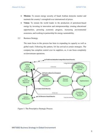 Ahmed Al Zayer                                                                  0050073746



             Mission: To ensure energy security of Saudi Arabian domestic market and
             maintain the country’s stronghold over international oil prices.
             Vision: To remain the world leader in the production of petroleum-based
             energy by investing in innovation and entrepreneurship, creating educational
             opportunities, powering economic progress, increasing environmental
             awareness, and working in partnership for energy sustainability.

      2.2    Business Strategy

             The main focus in this process has been in expanding its capacity as well as
             global reach. Following this pattern, SA has arrived at certain strategies. The
             company has complete control over its suppliers, so, it can focus completely
             on downstream operations.




      Figure 1: The Prescriptive Strategic Process




MKT3002 Business Strategy In Global Environment
                                                                                               5
 