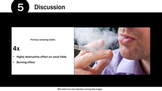 Risk factors for voice disorders among Fado singers
Discussion5
Previous smoking habits
4x
• Highly destructive effect on ...