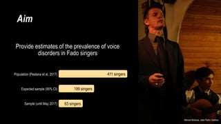Aim
Provide estimates of the prevalence of voice
disorders in Fado singers
411 singersPopulation (Pestana et al, 2017)
199...