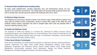 A
NA
L
Y
S
I
S
P
E
S
T
P1 Revised Public Establishments Smoking Policy
All indoor public establishments, including restaurants, bars, and entertainment venues, are now
required to be smoke-free environments. This change aligns with growing health awareness trends and
aims to provide clean and safe spaces for patrons and employees (De la Cruz, 2023)
E1 Minimum Wage Increase
The Philippines has announced a 20-peso increase in the minimum wage in Metro Manila to address rising
living costs and enhance worker compensation, aiming to improve their quality of life. While this move
positively impacts workers, businesses may need to navigate higher labor costs and potential shifts in
consumer spending (Dotong, 2023).
S1 Health and Wellness Trends
The landscape of health and wellness is in constant flux, influenced by shifting consumer choices,
technological progress, and a heightened focus on overall well-being. This is evident in trends like the rise
of plant-centric diets, tailored nutrition plans, the surge in non-alcoholic consumption, and the demand
for clear nutritional information (Jimenez, 2023).
T1 New Smart Kitchen Technologies
Smart kitchen technologies are transforming the operations of restaurants and bars, improving efficiency,
customer experiences, and safety. These include Kitchen Management Systems, Smart Kitchen
Appliances, Temperature and Monitoring Sensors, Kitchen Display Systems (KDS), Digital Recipe
Management, Voice-Activated Assistants, Smart Dishwashers, Allergen and Dietary Preference
Management, and Waste Management Solutions, and others (Ocampo, 2023)
 