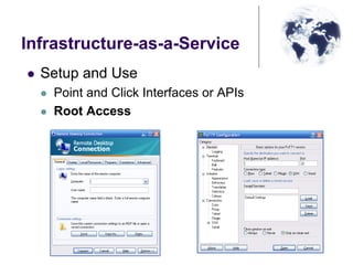 Setup and Use
Point and Click Interfaces or APIs
Root Access
Infrastructure-as-a-Service
 