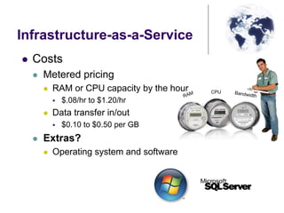 Infrastructure-as-a-Service
Costs
Metered pricing
RAM or CPU capacity by the hour
$.08/hr to $1.20/hr
Data transfer in/out
$0.10 to $0.50 per GB
Extras?
Operating system and software
BandwidthRAM CPU
 