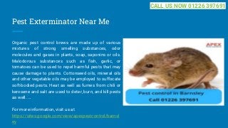 Pest Exterminator Near Me
Organic pest control brews are made up of various
mixtures of strong smelling substances, odor
molecules and gases in plants, soap, saponins or oils.
Malodorous substances such as fish, garlic, or
tomatoes can be used to repel harmful pests that may
cause damage to plants. Cottonseed oils, mineral oils
and other vegetable oils may be employed to suffocate
soft-bodied pests. Heat as well as fumes from chili or
kerosene and salt are used to deter, burn, and kill pests
as well. ...
For more information, visit us at
https://sites.google.com/view/apexpestcontrol/barnsl
ey
CALL US NOW 01226 397691
 
