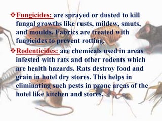 Fungicides: are sprayed or dusted to kill
fungal growths like rusts, mildew, smuts,
and moulds. Fabrics are treated with
fungicides to prevent rotting.
Rodenticides: are chemicals used in areas
infested with rats and other rodents which
are health hazards. Rats destroy food and
grain in hotel dry stores. This helps in
eliminating such pests in prone areas of the
hotel like kitchen and stores.
 
