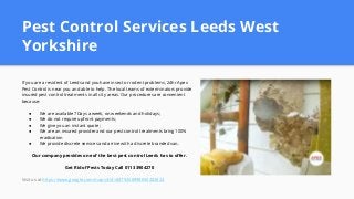 Pest Control Services Leeds West
Yorkshire
If you are a resident of Leeds and you have insect or rodent problems, 24hr Apex
Pest Control is near you and able to help. The local teams of exterminators provide
insured pest control treatments in all city areas. Our procedures are convenient
because:
● We are available 7Days a week, on weekends and holidays;
● We do not require upfront payments;
● We give you an instant quote;
● We are an insured provider and our pest control treatments bring 100%
eradication
● We provide discrete services and arrive with a discrete branded van.
Our company provides one of the best pest control Leeds has to offer.
Get Rid of Pests Today Call 0113 3904270
Visit us at https://www.google.com/maps?cid=8879258998650402824
 