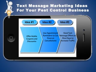Text Message Marketing Ideas
For Your Pest Control Business
Idea #1Idea #1 Idea #2Idea #2 Idea #3Idea #3
Use Appointment
Reminders to Cut
Down on
Cancellations
Offer Mobile
Coupons and
Discounts
Send Text
Message Offers on
Slow Days to
Increase Traffic
 