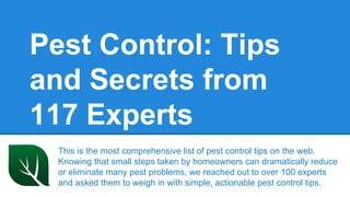 Pest Control: Tips
and Secrets from
117 Experts
This is the most comprehensive list of pest control tips on the web.
Knowing that small steps taken by homeowners can dramatically reduce
or eliminate many pest problems, we reached out to over 100 experts
and asked them to weigh in with simple, actionable pest control tips.
 