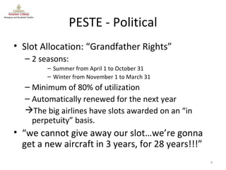 PESTE - Political Slot Allocation: “Grandfather Rights” 2 seasons:  Summer from April 1 to October 31 Winter from November 1 to March 31 Minimum of 80% of utilization Automatically renewed for the next year The big airlines have slots awarded on an “in perpetuity” basis. “ we cannot give away our slot…we’re gonna get a new aircraft in 3 years, for 28 years!!!” 