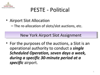 PESTE - Political Airport Slot Allocation The re-allocation of slots/slot auctions, etc. For the purposes of the auctions, a Slot is an operational authority to conduct a  single Scheduled Operation, seven days a week, during a specific 30‐minute period at a specific  airport. New York Airport Slot Assignment 