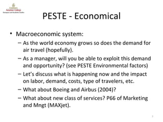 PESTE - Economical Macroeconomic system: As the world economy grows so does the demand for air travel (hopefully). As a manager, will you be able to exploit this demand and opportunity? (see PESTE Environmental factors) Let’s discuss what is happening now and the impact on labor, demand, costs, type of travelers, etc.  What about Boeing and Airbus (2004)?  What about new class of services? P66 of Marketing and Mngt (MAXjet). 