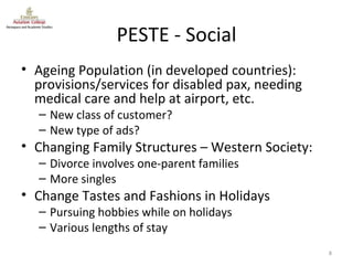 PESTE - Social Ageing Population (in developed countries): provisions/services for disabled pax, needing medical care and help at airport, etc. New class of customer? New type of ads? Changing Family Structures – Western Society: Divorce involves one-parent families More singles Change Tastes and Fashions in Holidays Pursuing hobbies while on holidays Various lengths of stay 