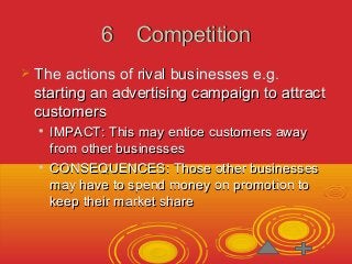 66 CCoommppeettiittiioonn 
 TThhee aaccttiioonnss ooff rriivvaall bbuussiinneesssseess ee..gg.. 
ssttaarrttiinngg aann aaddvveerrttiissiinngg ccaammppaaiiggnn ttoo aattttrraacctt 
ccuussttoommeerrss 
 IIMMPPAACCTT:: TThhiiss mmaayy eennttiiccee ccuussttoommeerrss aawwaayy 
ffrroomm ootthheerr bbuussiinneesssseess 
 CCOONNSSEEQQUUEENNCCEESS:: TThhoossee ootthheerr bbuussiinneesssseess 
mmaayy hhaavvee ttoo ssppeenndd mmoonneeyy oonn pprroommoottiioonn ttoo 
kkeeeepp tthheeiirr mmaarrkkeett sshhaarree 
 