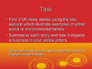 TTaasskk 
 FFiinndd 33 UUKK nneewwss ssttoorriieess uussiinngg tthhee bbbbcc 
wweebbssiittee wwhhiicchh iilllluussttrraattee eexxaammpplleess ooff eeiitthheerr 
ssoocciiaall oorr eennvviirroonnmmeennttaall ffaaccttoorrss 
 SSuummmmaarriissee eeaacchh ssttoorryy aanndd hhooww iitt iimmppaaccttss 
aa bbuussiinneessss iinn yyoouurr yyeellllooww jjootttteerrss 
 SSoommee uusseeffuull sseeaarrcchh tteerrmmss:: iimmppaacctt ooff wweeaatthheerr,, iimmppaacctt ooff 
OOllyymmppiiccss,, hheeaalltthh bbeenneeffiittss 

