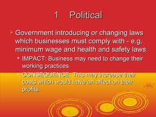 11 PPoolliittiiccaall 
 GGoovveerrnnmmeenntt iinnttrroodduucciinngg oorr cchhaannggiinngg llaawwss 
wwhhiicchh bbuussiinneesssseess mmuusstt ccoommppllyy wwiitthh -- ee..gg.. 
mmiinniimmuumm wwaaggee aanndd hheeaalltthh aanndd ssaaffeettyy llaawwss 
 IIMMPPAACCTT:: BBuussiinneessss mmaayy nneeeedd ttoo cchhaannggee tthheeiirr 
wwoorrkkiinngg pprraaccttiicceess 
 CCOONNSSEEQQUUEENNCCEE:: TThhiiss mmaayy iinnccrreeaassee tthheeiirr 
ccoossttss wwhhiicchh wwoouulldd hhaavvee aann aaffffeecctt oonn tthheeiirr 
pprrooffiittss.. 
 