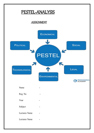 PESTEL-ANALYSIS
ASSIGNMENT
Name -
Reg No -
Year -
Subject -
Lectures Name -
Lectures Name -
 