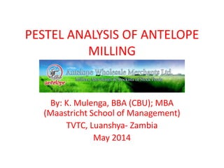 PESTEL ANALYSIS OF ANTELOPE
MILLING
By: K. Mulenga, BBA (CBU); MBA
(Maastricht School of Management)
TVTC, Luanshya- Zambia
May 2014
 