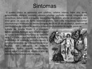 Sintomas
O quadro clínico se apresenta com calafrios, cefaleia intensa, febre alta, dores
generalizadas, mialgias, anorexia, náuseas, vômitos, confusão mental, congestão das
conjuntivas, pulso rápido e irregular, taquicardia, hipotensão arterial, prostração e mal-
estar geral. Os casos da forma bubônica podem, com certa frequência, apresentar
sintomatologia moderada ou mesmo benigna. No 2º ou 3º dia de doença, aparecem as
manifestações de inflamação aguda e dolorosa dos linfonodos da região, ponto de
entrada da Yersinia Pestis. É o chamado
bubão pestoso, formado pela conglomeração
de vários linfonodos inflamados. O tamanho
varia 1 a 10cm; a pele do bubão é brilhante,
distendida e de coloração vermelho escura; é
extremamente doloroso e frequentemente se
fistuliza, com drenagem de material
purulento. Podem ocorrer manifestações
hemorrágicas e necróticas, devido à ação da
endotoxina bacteriana sobre os vasos.
 