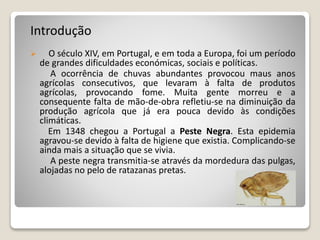 Introdução
 O século XIV, em Portugal, e em toda a Europa, foi um período
de grandes dificuldades económicas, sociais e políticas.
A ocorrência de chuvas abundantes provocou maus anos
agrícolas consecutivos, que levaram à falta de produtos
agrícolas, provocando fome. Muita gente morreu e a
consequente falta de mão-de-obra refletiu-se na diminuição da
produção agrícola que já era pouca devido às condições
climáticas.
Em 1348 chegou a Portugal a Peste Negra. Esta epidemia
agravou-se devido à falta de higiene que existia. Complicando-se
ainda mais a situação que se vivia.
A peste negra transmitia-se através da mordedura das pulgas,
alojadas no pelo de ratazanas pretas.
 