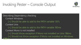 Describing Dependency checking
Context Windows
[+] Should be able to add to the PATH variable 1.87s
Context Unix
[+] Should be able to add to the PATH variable 185ms
Context Mono is not installed
[+] Should throw exception if Mono not installed on Unix 186ms
[+] Should not throw exception if Mono not installed on Windows
125ms
 