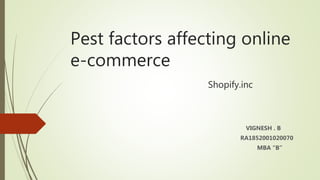 Pest factors affecting online
e-commerce
Shopify.inc
VIGNESH . B
RA1852001020070
MBA “B”
 
