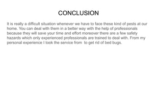CONCLUSION
It is really a difficult situation whenever we have to face these kind of pests at our
home. You can deal with them in a better way with the help of professionals
because they will save your time and effort moreover there are a few safety
hazards which only experienced professionals are trained to deal with. From my
personal experience I took the service from to get rid of bed bugs.
 