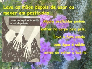 Lave as mãos depois de usar ou
mexer em pesticidas.
                Alguns pesticidas podem

               entrar no corpo pela pele.

                      Lave o fato usado

                      com água e sabão

                 antes de voltar a usá-lo


                                       14
 