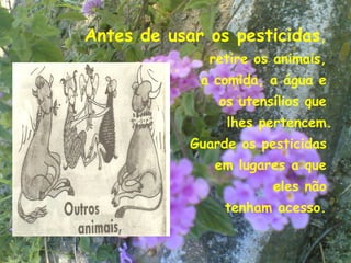 Antes de usar os pesticidas,
              retire os animais,
             a comida, a água e
                os utensílios que
                 lhes pertencem.
            Guarde os pesticidas
               em lugares a que
                        eles não
                 tenham acesso.

                                22
 