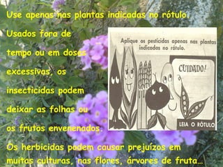 Use apenas nas plantas indicadas no rótulo.

Usados fora de

tempo ou em doses

excessivas, os

insecticidas podem

deixar as folhas ou

os frutos envenenados.

Os herbicidas podem causar prejuízos em
                                                 9
muitas culturas, nas flores, árvores de fruta…
 