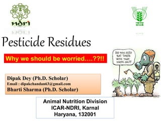 Why we should be worried….??!!
Pesticide Residues
Dipak Dey (Ph.D. Scholar)
Email : dipakchandan63@gmail.com
Bharti Sharma (Ph.D. Scholar)
Animal Nutrition Division
ICAR-NDRI, Karnal
Haryana, 132001
 
