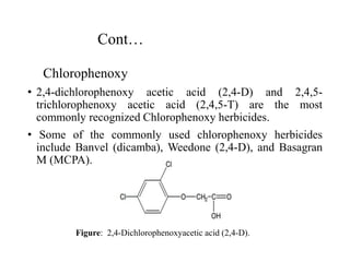 Cont…
Chlorophenoxy
• 2,4-dichlorophenoxy acetic acid (2,4-D) and 2,4,5-
trichlorophenoxy acetic acid (2,4,5-T) are the most
commonly recognized Chlorophenoxy herbicides.
• Some of the commonly used chlorophenoxy herbicides
include Banvel (dicamba), Weedone (2,4-D), and Basagran
M (MCPA).
Figure: 2,4-Dichlorophenoxyacetic acid (2,4-D).
 