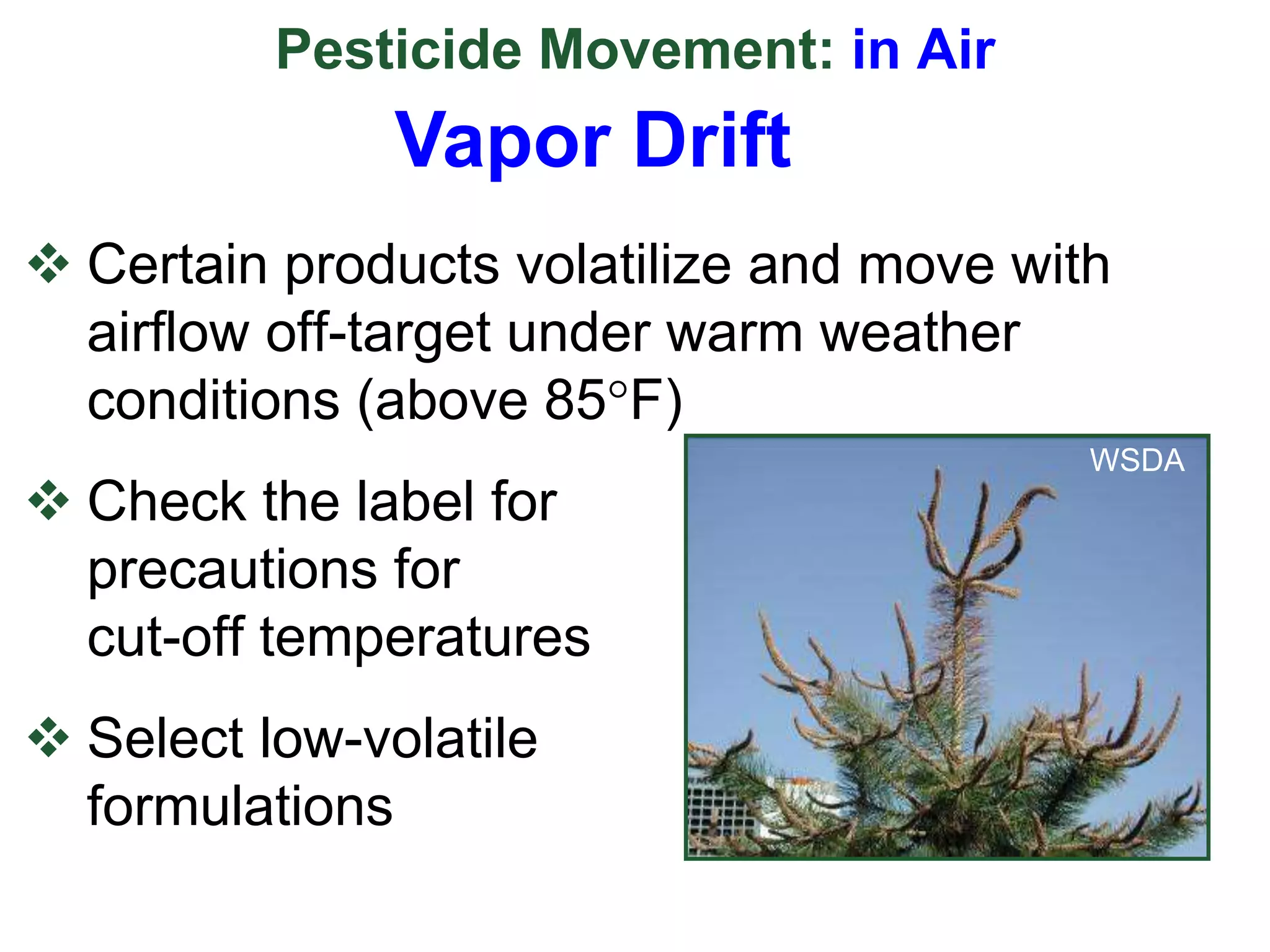 Pesticide Movement: in Air
 Certain products volatilize and move with
airflow off-target under warm weather
conditions (above 85F)
 Check the label for
precautions for
cut-off temperatures
 Select low-volatile
formulations
WSDA
Vapor Drift
 