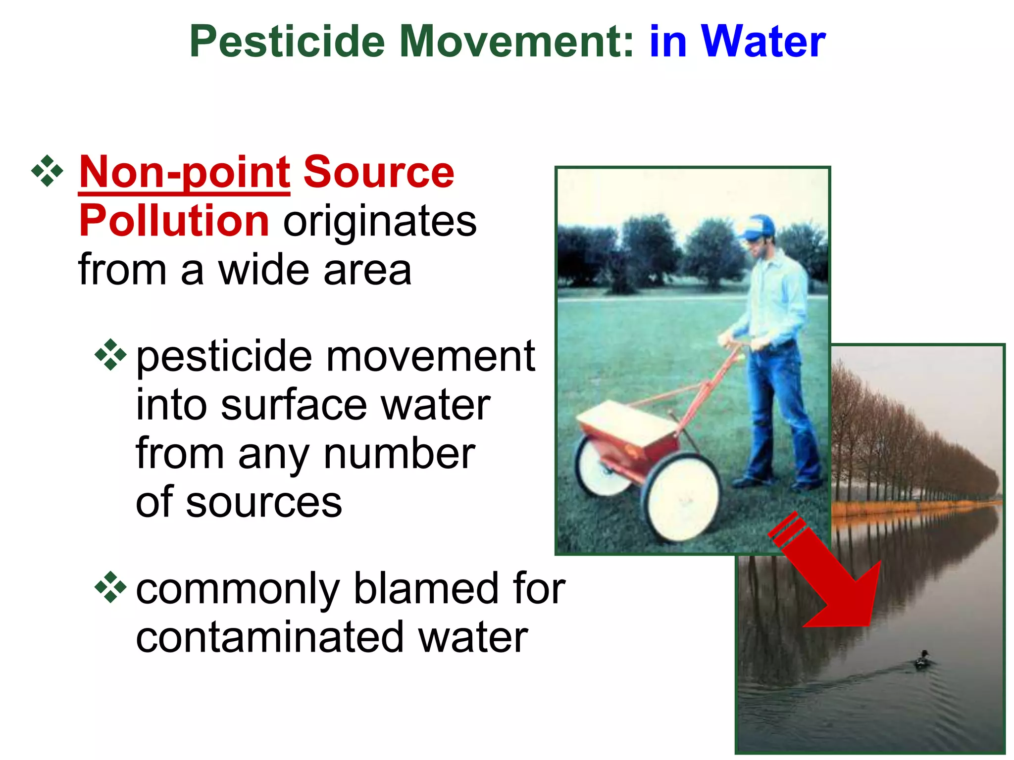 Pesticide Movement: in Water
 Non-point Source
Pollution originates
from a wide area
pesticide movement
into surface water
from any number
of sources
commonly blamed for
contaminated water
 