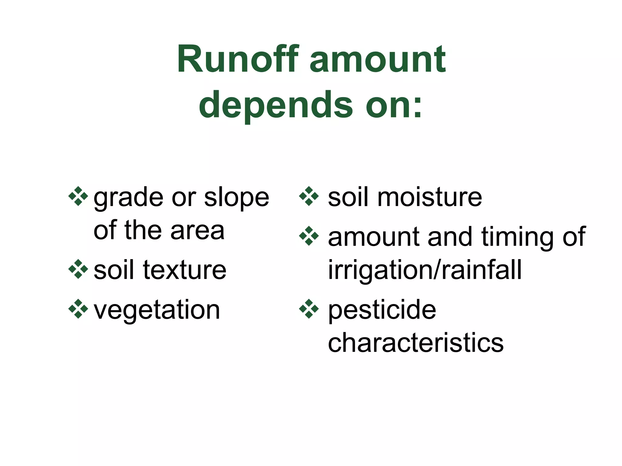 Runoff amount
depends on:
grade or slope
of the area
soil texture
vegetation
 soil moisture
 amount and timing of
irrigation/rainfall
 pesticide
characteristics
 