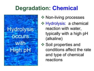 Degradation: Chemical
 Non-living processes
 Hydrolysis: a chemical
reaction with water,
typically with a high pH
(alkaline)
 Soil properties and
conditions affect the rate
and type of chemical
reactions
Hydrolysis
occurs
with
High pH
 