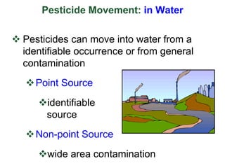 Pesticide Movement: in Water
 Pesticides can move into water from a
identifiable occurrence or from general
contamination
Point Source
identifiable
source
Non-point Source
wide area contamination
 