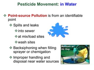 Pesticide Movement: in Water
 Point-source Pollution is from an identifiable
point
 Spills and leaks
into sewer
at mix/load sites
wash sites
 Backsiphoning when filling
sprayer or chemigation
 Improper handling and
disposal near water sources
Maintain an
Air Gap
 