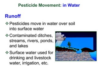 Pesticide Movement: in Water
Pesticides move in water over soil
into surface water
Contaminated ditches,
streams, rivers, ponds,
and lakes
Surface water used for
drinking and livestock
water, irrigation, etc.
Runoff
 