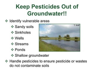 Keep Pesticides Out of
Groundwater!!
 Identify vulnerable areas
 Sandy soils
 Sinkholes
 Wells
 Streams
 Ponds
 Shallow groundwater
 Handle pesticides to ensure pesticide or wastes
do not contaminate soils
T. Wolf
 