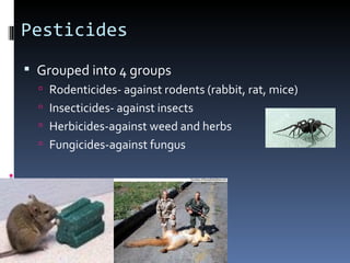 Pesticides
 Grouped into 4 groups
   Rodenticides- against rodents (rabbit, rat, mice)
   Insecticides- against insects
   Herbicides-against weed and herbs
   Fungicides-against fungus
 
